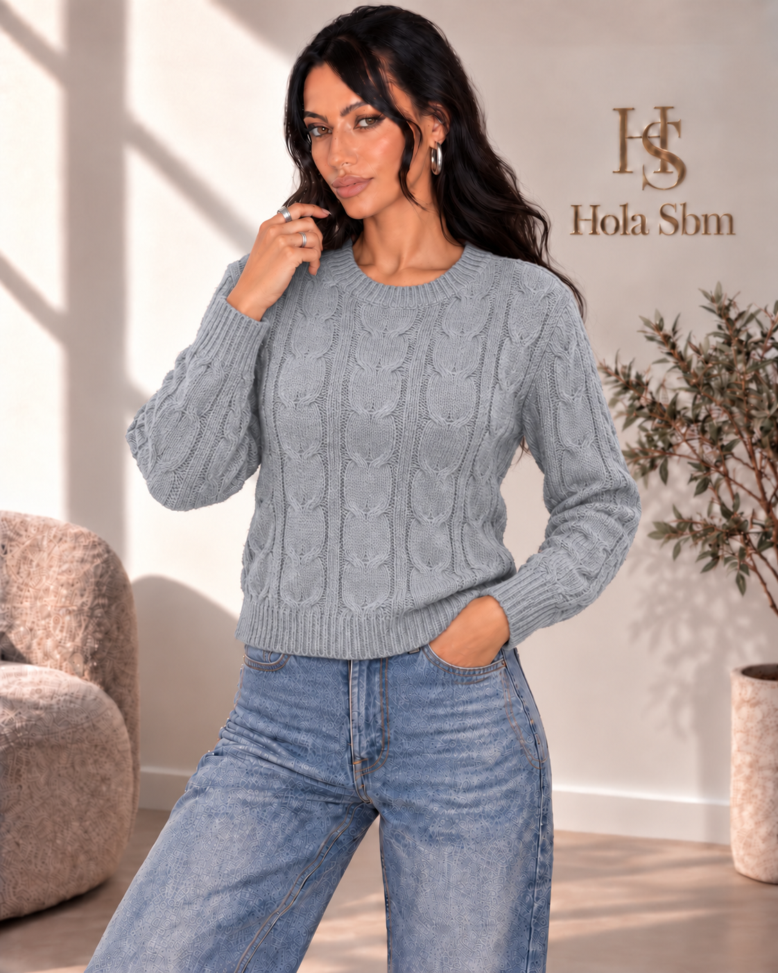 Maglia Trevia Grigio chiaro girocollo a trecce